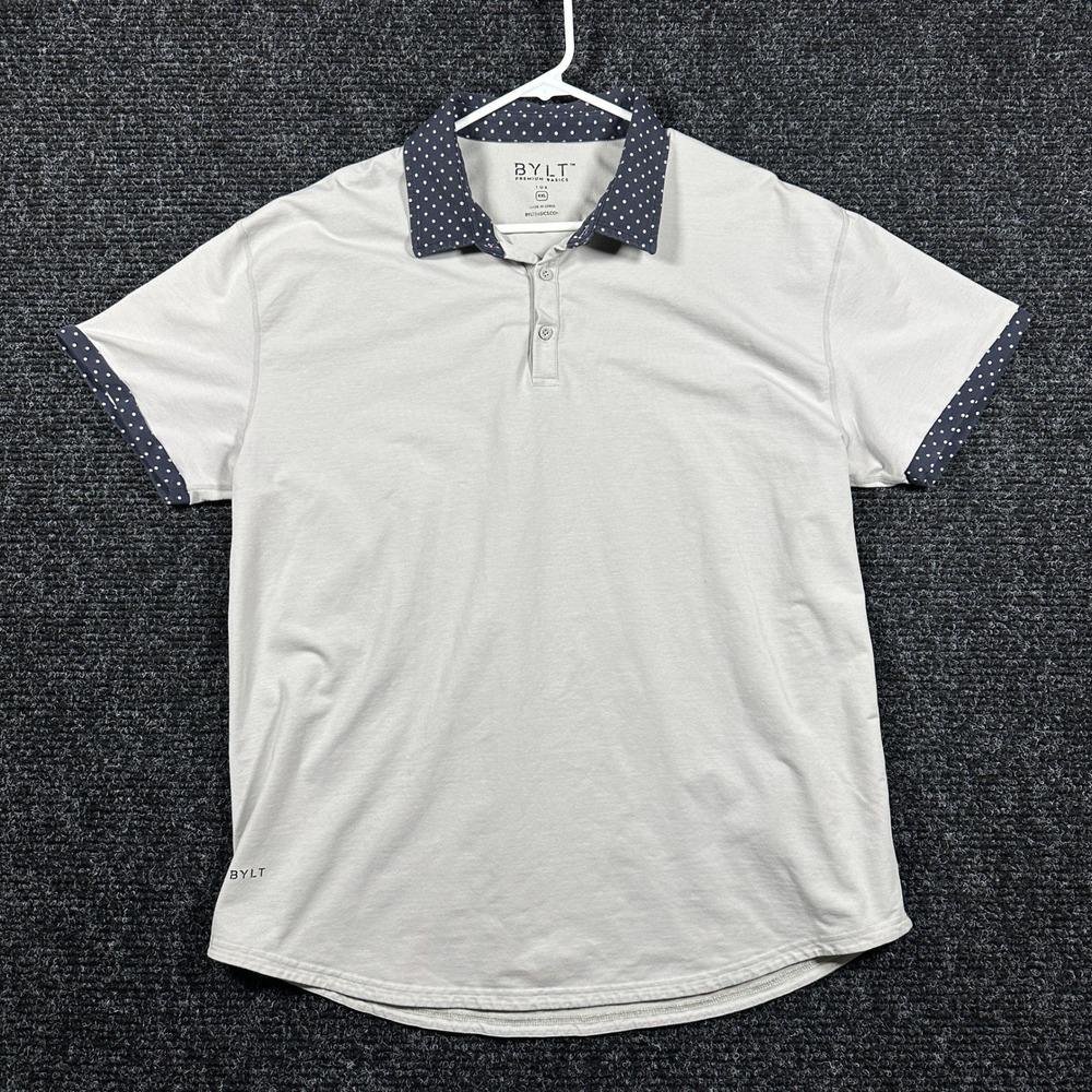 BYLT Polo Shirt Men XXL Grey Polka Dot Lux Short‎ Sleeve Stretch Drop Hem